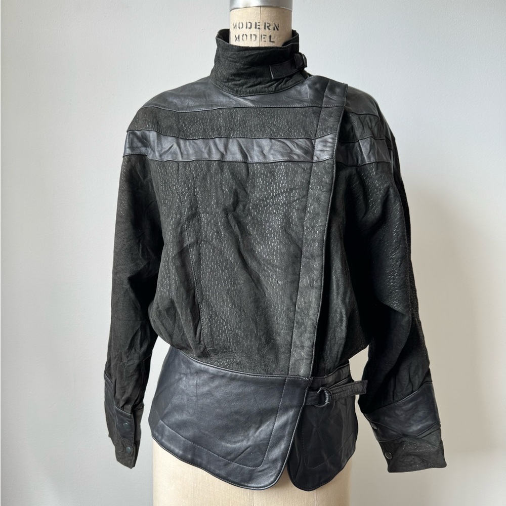 Vintage Black Leather Mixed-Texture Jacket